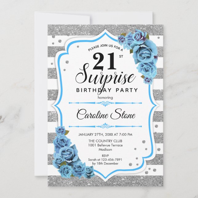 Invitación Sorpresa 21º cumpleaños - Azul blanco plateado (Anverso)