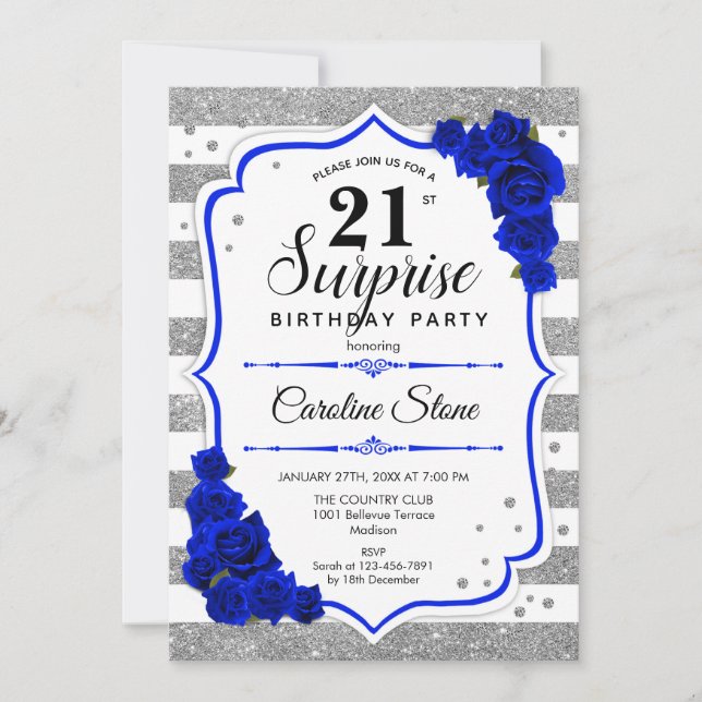 Invitación Sorpresa 21º cumpleaños - Azul real blanco platead (Anverso)