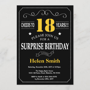 Invitación Sorpresa 21º cumpleaños Cartón negro y amarillo
