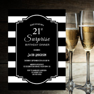 Invitación Sorpresa 21º cumpleaños Cena rayada blanca negra