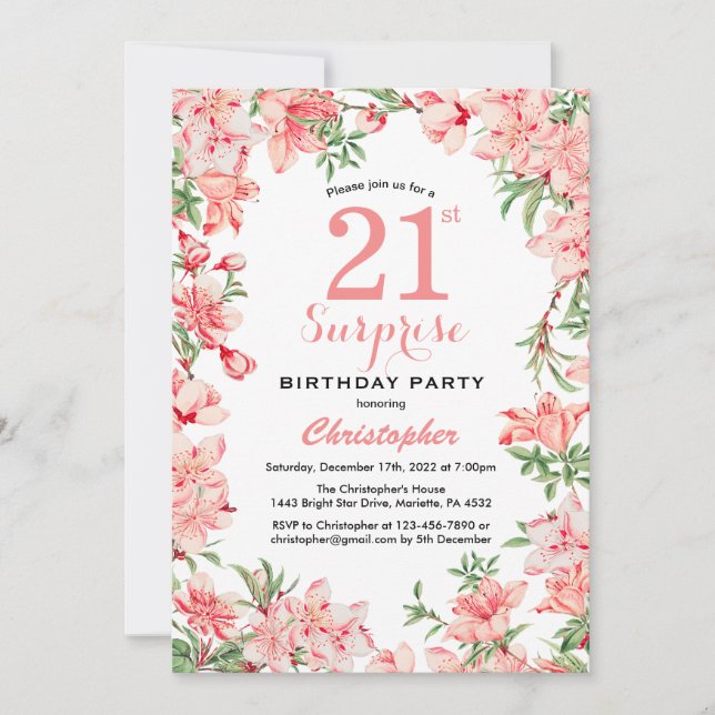Invitación Sorpresa 21º cumpleaños Floral Botánica de Boho Ro (Anverso)