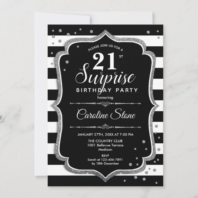 Invitación Sorpresa 21º cumpleaños - Plata Blanca Negra (Anverso)