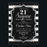 Invitación Sorpresa 21º cumpleaños - Plata Blanca Negra<br><div class="desc">Sorpresa Invitación a cumpleaños número 21. Diseño elegante con rayas en blanco y negro,  fuente de guión y plata purpurina. Perfecto para una elegante fiesta de cumpleaños. Se puede personalizar para mostrar cualquier edad. Mándame un mensaje si necesitas más personalización.</div>