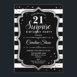 Invitación Sorpresa 21º cumpleaños - Plata Blanca Negra<br><div class="desc">Sorpresa Invitación a cumpleaños número 21. Diseño elegante con rayas en blanco y negro,  fuente de guión y plata purpurina. Perfecto para una elegante fiesta de cumpleaños. Se puede personalizar para mostrar cualquier edad. Mándame un mensaje si necesitas más personalización.</div>