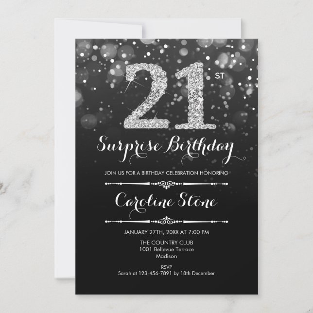 Invitación Sorpresa 21º cumpleaños - Plata negra (Anverso)