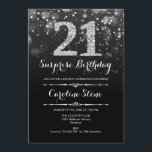 Invitación Sorpresa 21º cumpleaños - Plata negra<br><div class="desc">Sorpresa Invitación a cumpleaños número 21. Elegante diseño blanco negro con una falsa plata purpurina. Cumpleaños de adultos. Presenta diamantes y tipos de letra de guión. invitaciones de cumpleaños de hombres o mujeres. Perfecto para una elegante fiesta de cumpleaños. Mándame un mensaje si necesitas más personalización.</div>