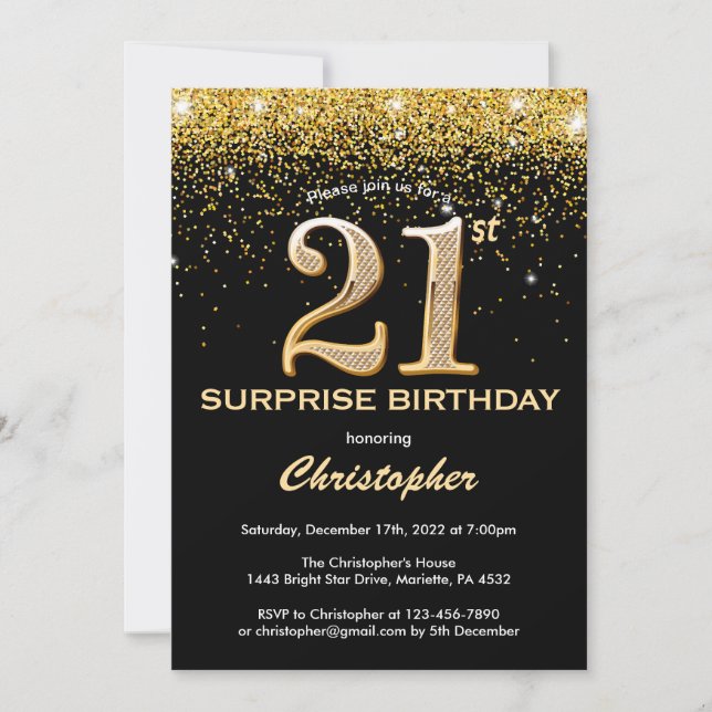 Invitación Sorpresa 21º cumpleaños Purpurina negro y oro (Anverso)