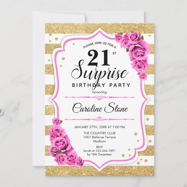Invitación Sorpresa 21º cumpleaños - Rosa blanco dorado (Anverso)