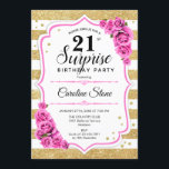 Invitación Sorpresa 21º cumpleaños - Rosa blanco dorado<br><div class="desc">Sorpresa Invitación a cumpleaños número 21. Diseño blanco,  rosa y femenino con oro falso purpurina. Presenta rayas,  rosas rosas rosas de color rosa,  fuente de escritura y confeti. Perfecto para una elegante fiesta de cumpleaños. Se puede personalizar para mostrar cualquier edad. Mándame un mensaje si necesitas más personalización.</div>