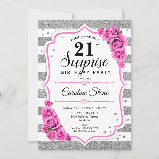 Invitación Sorpresa 21º cumpleaños - Rosa blanco plateado (Anverso)