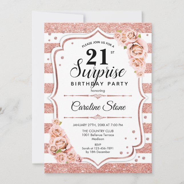 Invitación Sorpresa 21º cumpleaños - Rosa blanco Rosa de oro (Anverso)