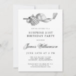 Invitación SORPRESA 21º Fiesta de cumpleaños Tema de golf<br><div class="desc">Elegante invitación de cumpleaños en blanco y negro para un golfista. La parte superior de la invitación está decorada con accesorios de golf: un club de golf, una pelota de golf, un gorra y guantes. La acuarela crea una estética tradicional y clásica. Perfecto para una fiesta de cumpleaños en el...</div>