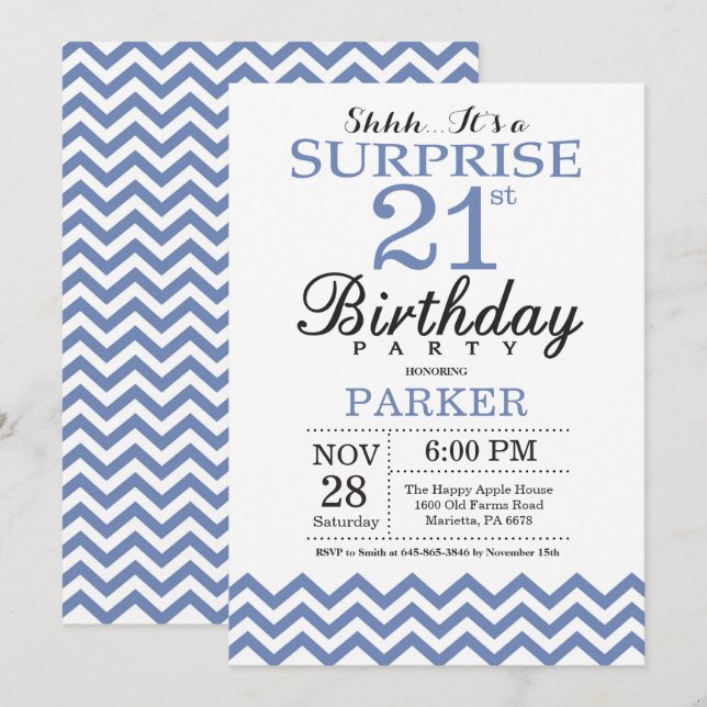Invitación Sorpresa 21.ª Cevron Azul cumpleaños (Anverso / Reverso)