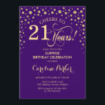 Invitación Sorpresa 21.ª Fiesta de cumpleaños - Oro morado<br><div class="desc">Sorpresa 21ª Invitación de fiesta de cumpleaños. Elegante diseño de color púrpura real y oro falso purpurina. Presenta el tipo de letra de guión y los diamantes confetti. ¡Salud a 21 años! Mándame un mensaje si necesitas más personalización.</div>