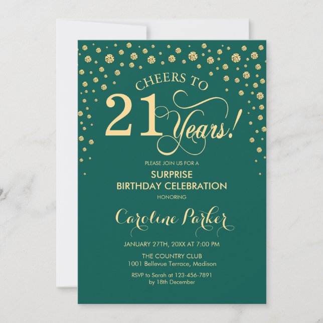 Invitación Sorpresa 21.ª Fiesta de cumpleaños - Oro verde esm (Anverso)