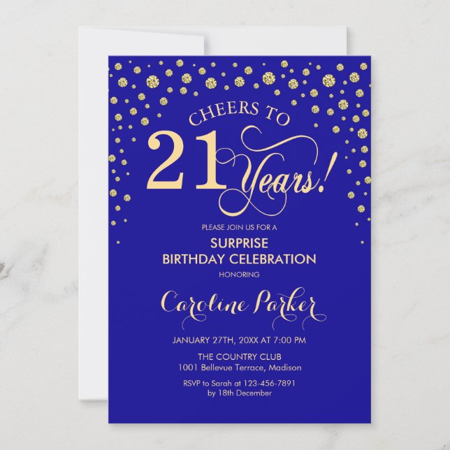 Invitación Sorpresa 21.ª Fiesta de cumpleaños - Royal Blue Go (Anverso)