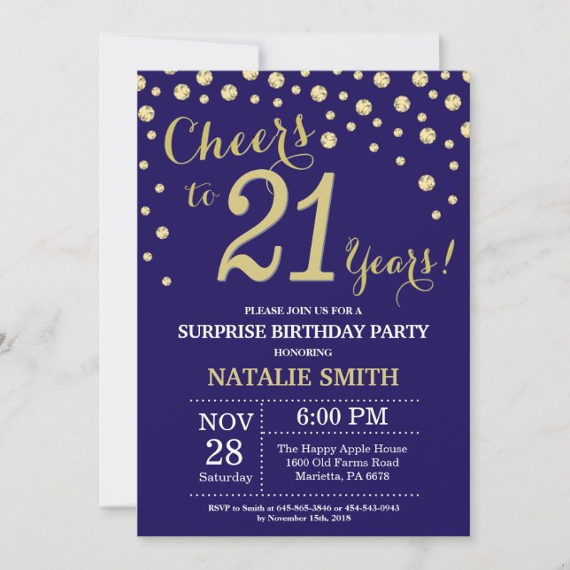 Invitación Sorpresa 21.ª marina de cumpleaños Diamante Azul y (Anverso)
