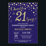 Invitación Sorpresa 21.ª marina de cumpleaños Diamante Azul y<br><div class="desc">Sorpresa 21ª invitación de cumpleaños con fondo de diamante Purpurina azul y oro de la Marina. confetti de efecto metalizado dorado. Cumpleaños de adultos. Cumpleaños de hombres o mujeres. Para una mayor personalización,  haga clic en el botón "Personalizar" y utilice nuestra herramienta de diseño para modificar esta plantilla.</div>