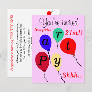Invitación Sorpresa 21.ª Pink de los globos de cumpleaños