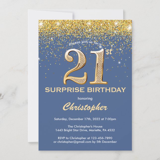Invitación Sorpresa 21.ª Purpurina azul y oro de cumpleaños (Anverso)