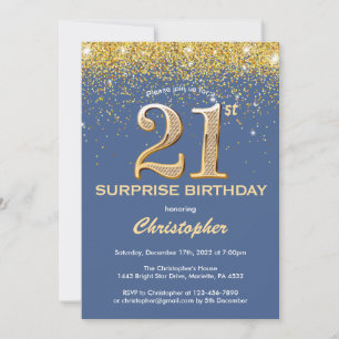 Invitación Sorpresa 21.ª Purpurina azul y oro de cumpleaños