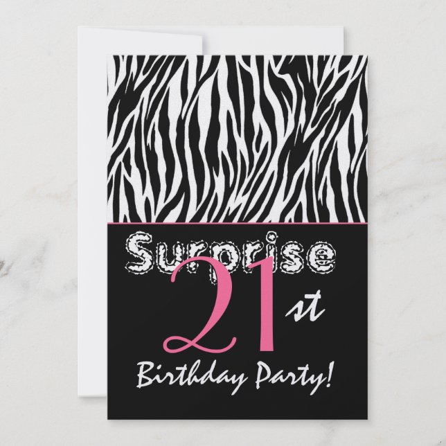 Invitación SORPRESA 21° cumpleaños cebra rayas blancas negras (Anverso)