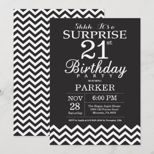 Invitación Sorpresa 21 cumpleaños Chevron blanco y negro