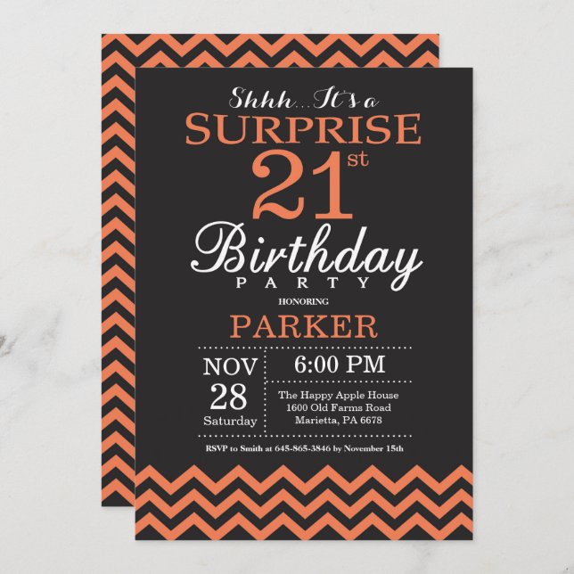 Invitación Sorpresa 21 cumpleaños Chevron negro y coral (Anverso / Reverso)