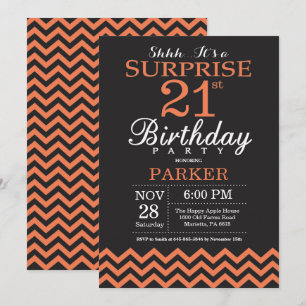 Invitación Sorpresa 21 cumpleaños Chevron negro y coral