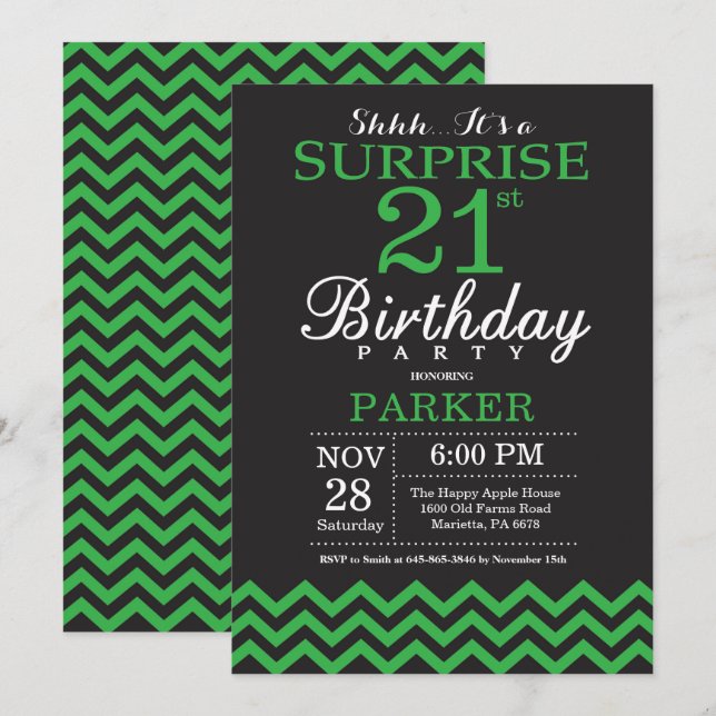 Invitación Sorpresa 21 cumpleaños Chevron negro y verde (Anverso / Reverso)