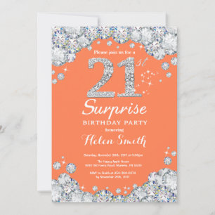 Invitación Sorpresa 21 cumpleaños Coral y diamante plateado