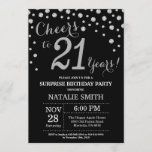 Invitación Sorpresa 21° cumpleaños Diamante negro y plata<br><div class="desc">Sorpresa 21 cumpleaños invitación con fondo de diamante negro y plateado Purpurina. Confetti plateado. Cumpleaños de adultos. Cumpleaños de hombres o mujeres.
Para más personalización,  haga clic en el botón "Personalizar" y utilice nuestra herramienta de diseño para modificar esta plantilla.</div>