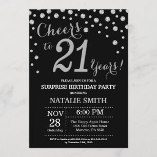 Invitación Sorpresa 21° cumpleaños Diamante negro y plata