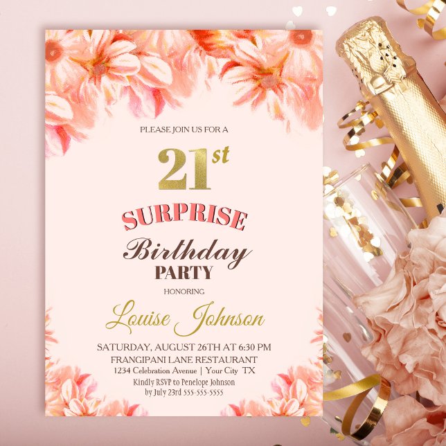 Invitación Sorpresa 21 cumpleaños Fiesta floral de oro rosado (Subido por el creador)