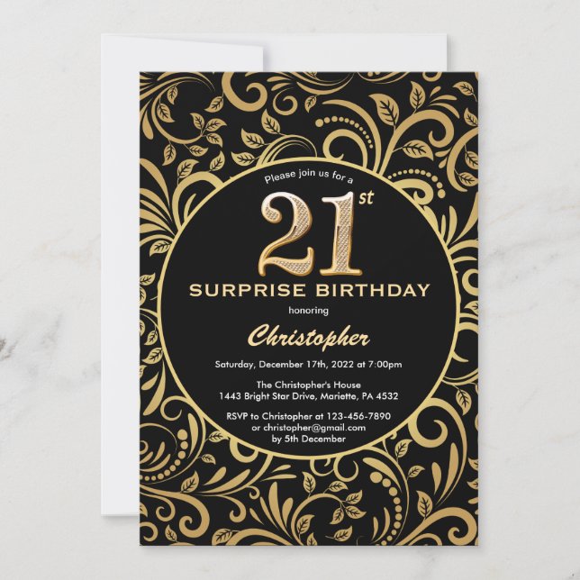 Invitación Sorpresa 21 cumpleaños Floral de oro y negro (Anverso)