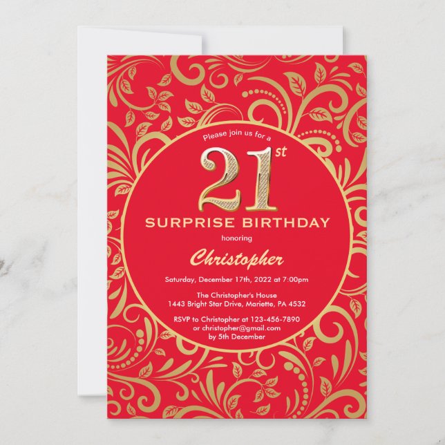 Invitación Sorpresa 21 cumpleaños Floral de oro y rojo (Anverso)