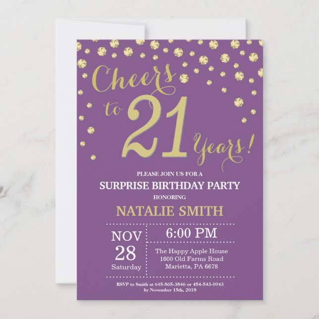 Invitación Sorpresa 21 cumpleaños morado y diamante dorado (Anverso)