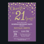 Invitación Sorpresa 21 cumpleaños morado y diamante dorado<br><div class="desc">Sorpresa 21 cumpleaños invitación con fondo de diamantes morado y Purpurina dorado. Confetti de oro. Cumpleaños de adultos. Cumpleaños de hombres o mujeres. Para más personalización,  haga clic en el botón "Personalizar" y utilice nuestra herramienta de diseño para modificar esta plantilla.</div>