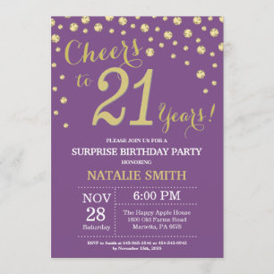 Invitación Sorpresa 21 cumpleaños morado y diamante dorado