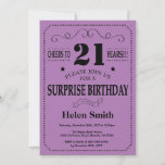 Invitación Sorpresa 21 cumpleaños negro y morado<br><div class="desc">Sorpresa 21ª Invitación de cumpleaños Tipografía negra y púrpura. Fondo violeta de lavanda de lavanda negro y púrpura. Cumpleaños de adultos. Cumpleaños de hombres o mujeres. Invite a un niño o a una Chica. 13.º 15.º 16.º 18.º 20.21.30.40.50.60.70.80.90.100. Cualquier edad. Para una mayor personalización, haga clic en el botón "Personalizar"...</div>