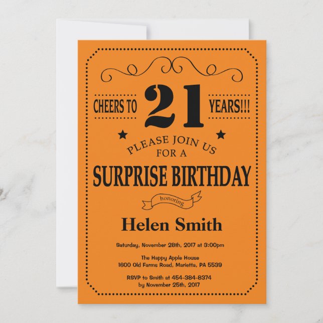 Invitación Sorpresa 21 cumpleaños negro y Naranja (Anverso)