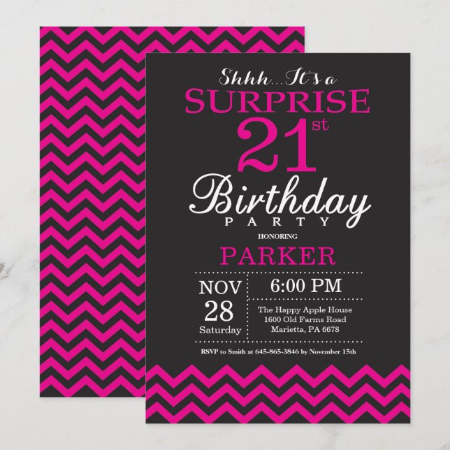 Invitación Sorpresa 21 cumpleaños negro y rosa caliente (Anverso / Reverso)