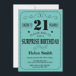 Invitación Sorpresa 21 cumpleaños negro y Verde azulado<br><div class="desc">Sorpresa 21ª Invitación de cumpleaños Tipografía Negra y Verde azulada. Fondo de color negro y Verde azulado Aqua Turquesa. Cumpleaños de adultos. Cumpleaños de hombres o mujeres. Invite a un niño o a una Chica. 13.º 15.º 16.º 18.º 20.21.30.40.50.60.70.80.90.100. Cualquier edad. Para una mayor personalización, haga clic en el botón...</div>