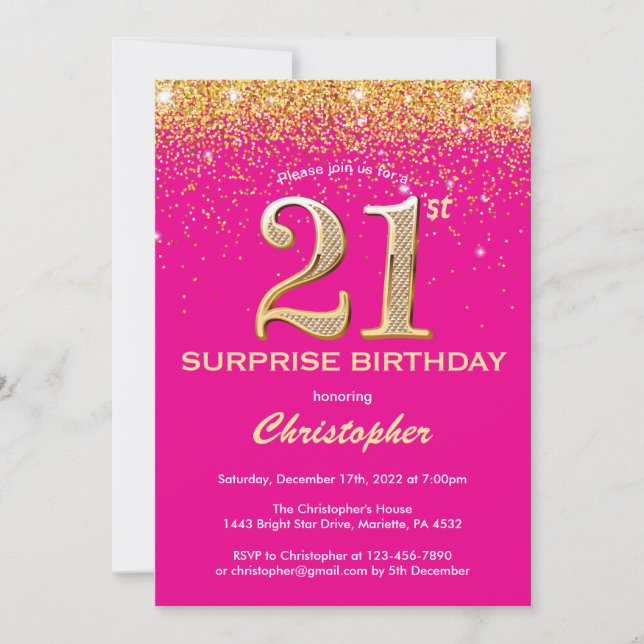 Invitación Sorpresa 21 cumpleaños Purpurina de oro y rosa cal (Anverso)