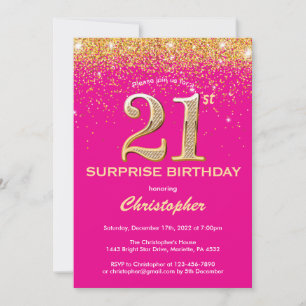 Invitación Sorpresa 21 cumpleaños Purpurina de oro y rosa cal