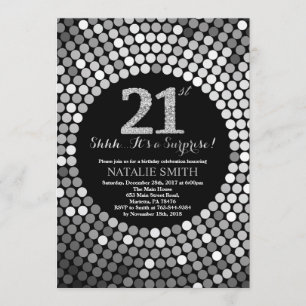Invitación Sorpresa 21 cumpleaños Purpurina negro y plateado