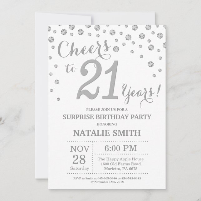 Invitación Sorpresa 21 cumpleaños Purpurina Plata Diamante (Anverso)