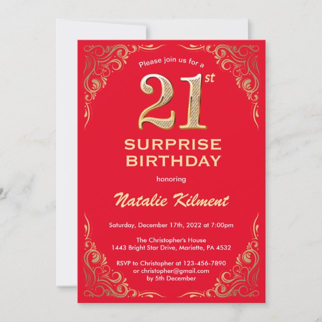 Invitación Sorpresa 21 cumpleaños Purpurina rojo y oro (Anverso)
