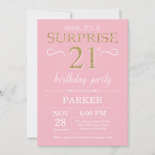 Invitación Sorpresa 21 cumpleaños Purpurina Rosa y Oro (Anverso)