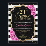 Invitación Sorpresa 21 cumpleaños - Rosa blanco negro<br><div class="desc">Sorpresa Invitación a cumpleaños número 21. Diseño femenino negro, blanco y rosa con falso oro purpurina. Presenta rayas en blanco y negro, rosas rosas rosas rosas, tipo de letra de guión y confeti. Perfecto para una elegante fiesta de cumpleaños. Se puede personalizar para mostrar cualquier edad. Mándame un mensaje si...</div>